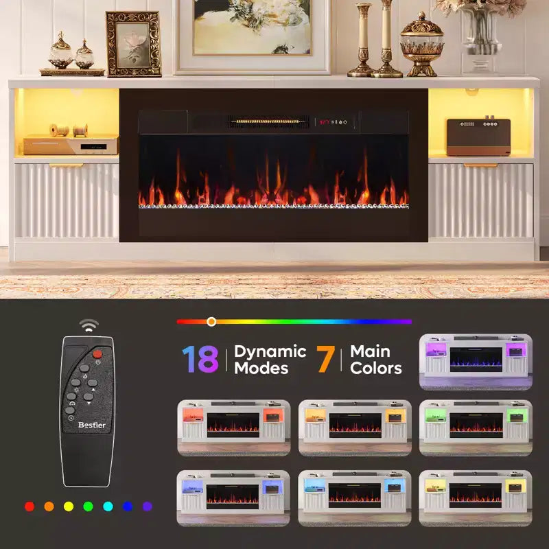 Meuble TV cheminée cannelé et brillant de 70 po avec cheminée de 36 po