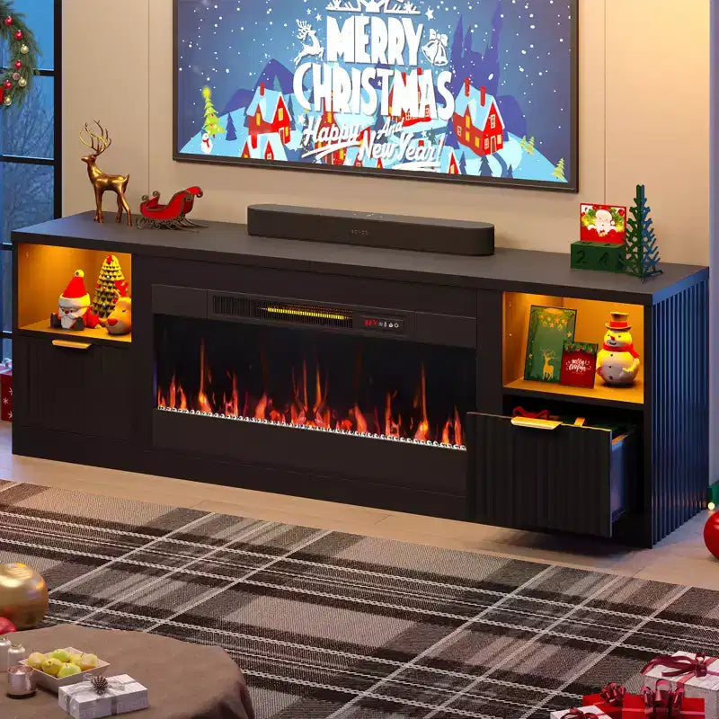 Meuble TV cheminée cannelé et brillant de 70 po avec cheminée de 36 po