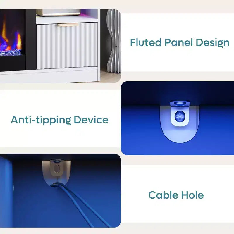 Meuble TV cheminée cannelé et brillant de 70 po avec cheminée de 36 po