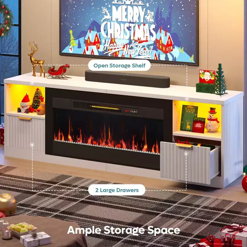 Meuble TV cheminée cannelé et brillant de 70 po avec cheminée de 36 po