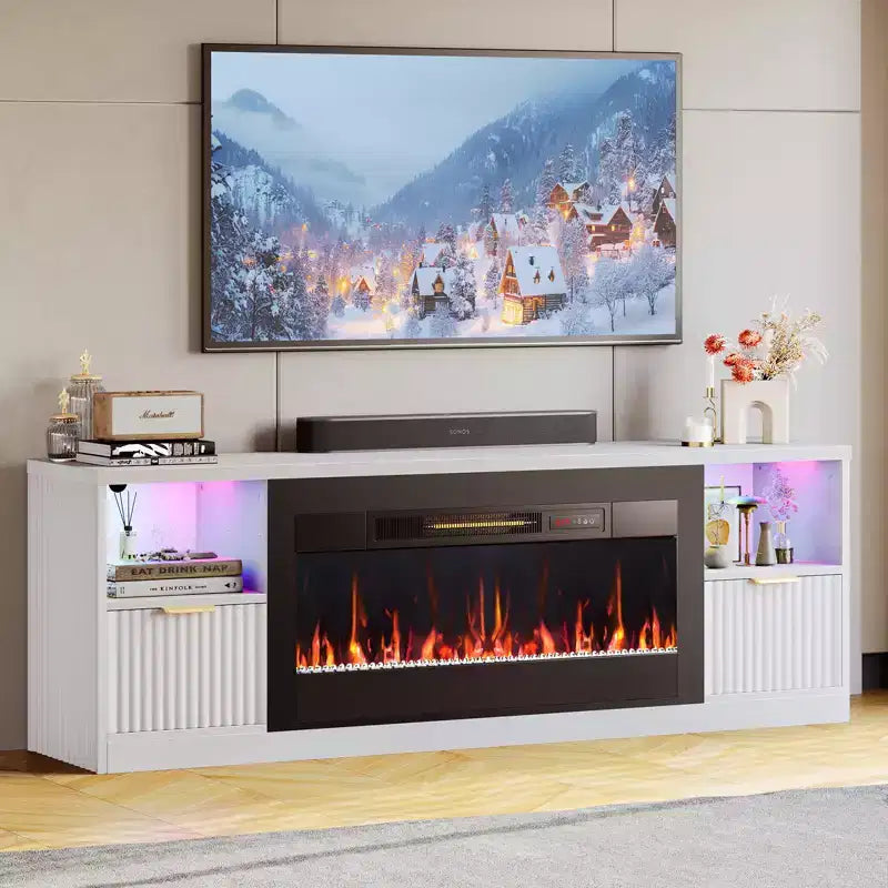 Meuble TV cheminée cannelé et brillant de 70 po avec cheminée de 36 po