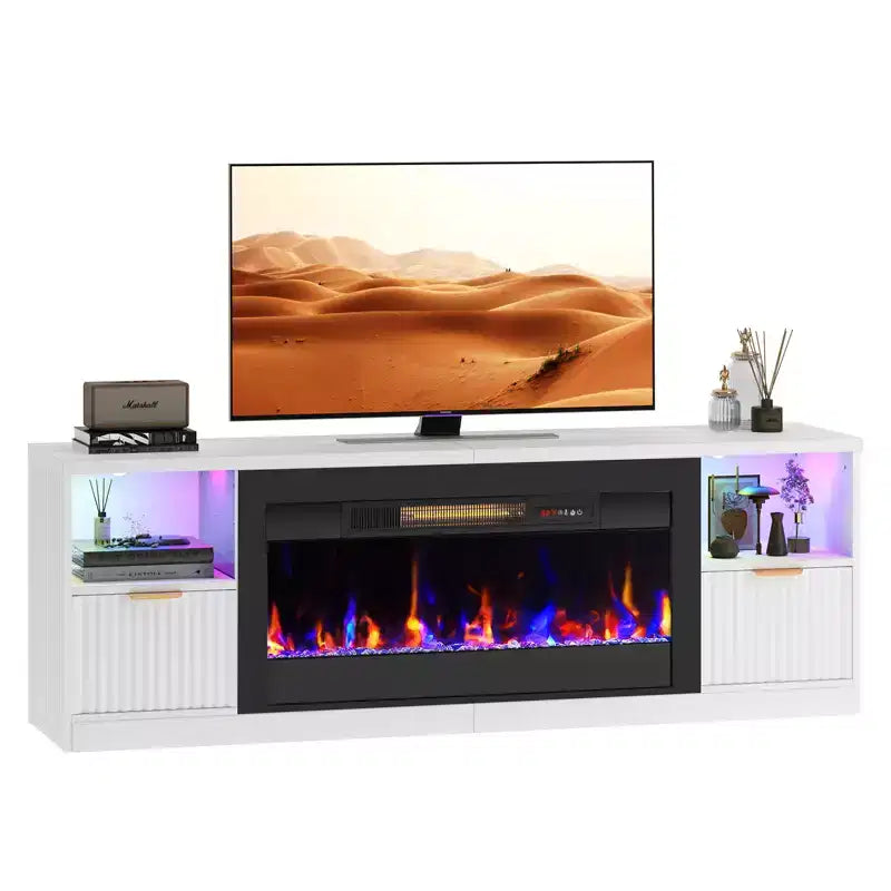 Meuble TV cheminée cannelé et brillant de 70 po avec cheminée de 36 po