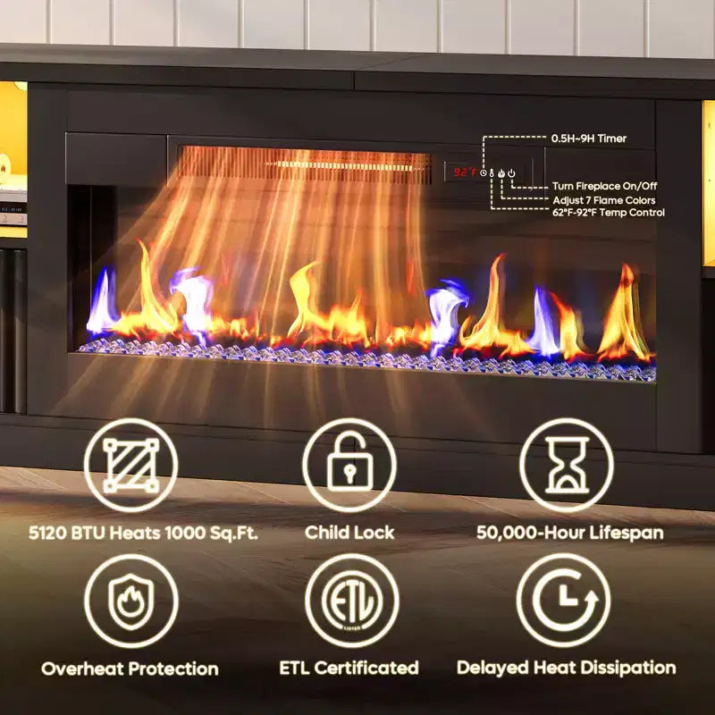 Meuble TV cheminée cannelé et brillant de 70 po avec cheminée de 36 po