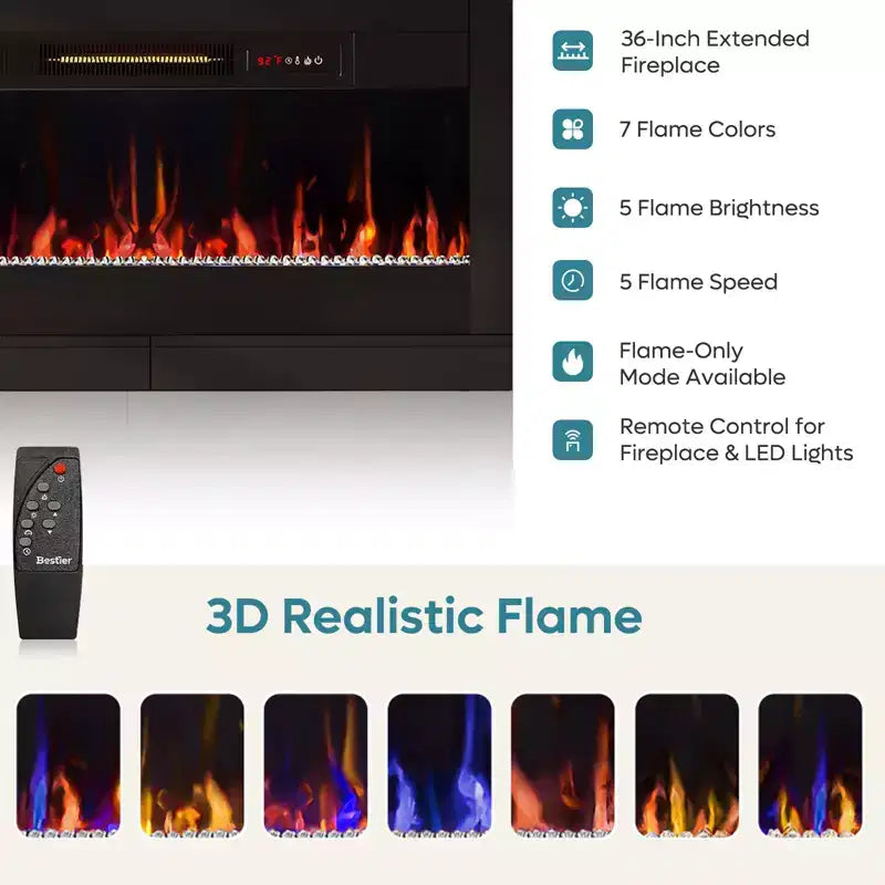 Meuble TV cheminée cannelé et brillant de 70 po avec cheminée de 36 po