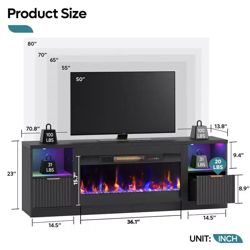 Meuble TV cheminée cannelé et brillant de 70 po avec cheminée de 36 po