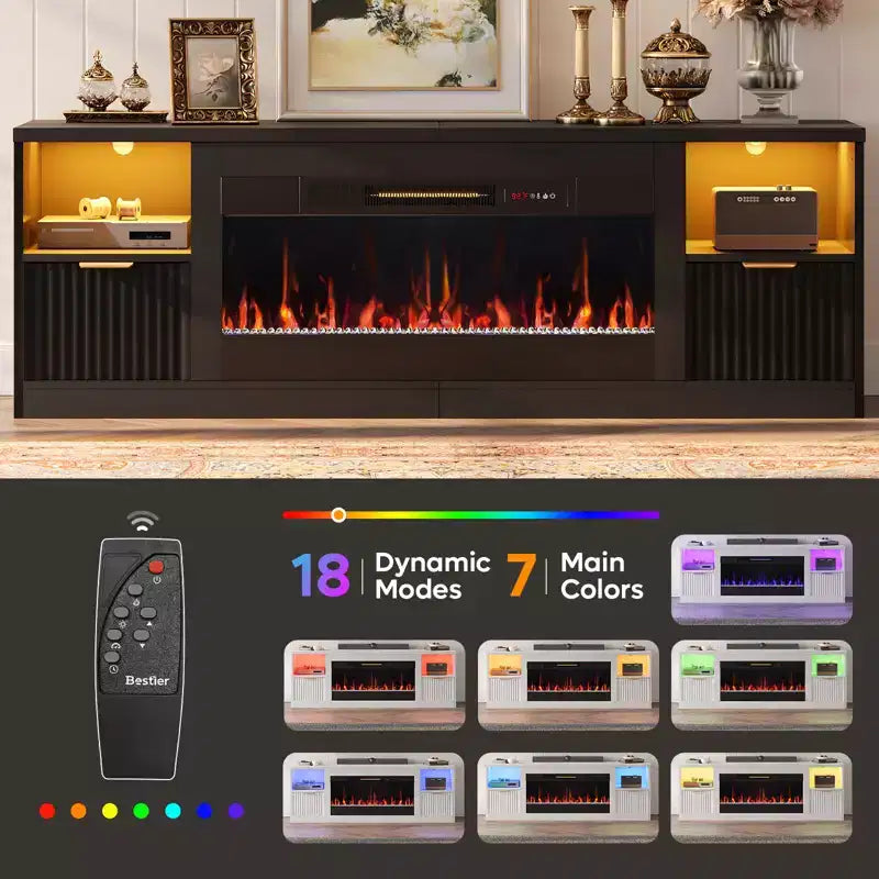 Meuble TV cheminée cannelé et brillant de 70 po avec cheminée de 36 po