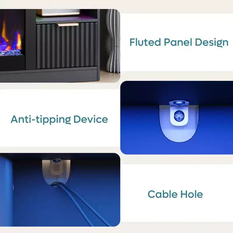 Meuble TV cheminée cannelé et brillant de 70 po avec cheminée de 36 po
