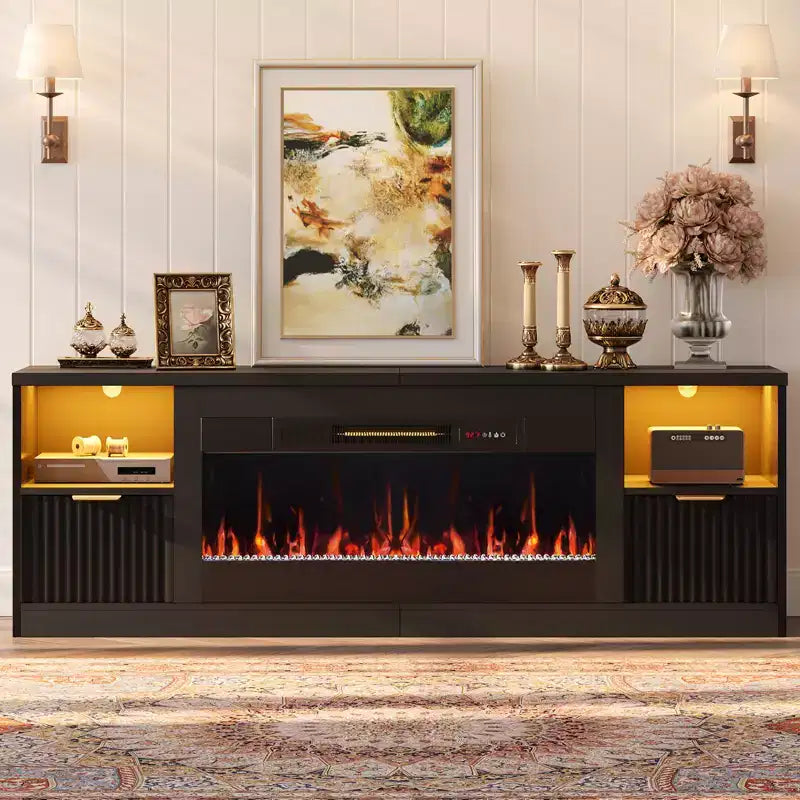Bestier 70 Fluted Glossy Fireplace TV Stand with 36 Fireplace & LED Light Modern Entertainment Center with Cabinets