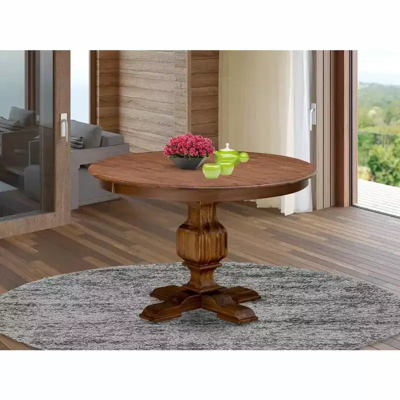 Table à manger ronde avec pied central, en hévéa rustique