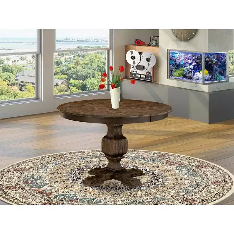 HomeStock Round Dining Table with Pedestal, Rustic Rubberwood Table