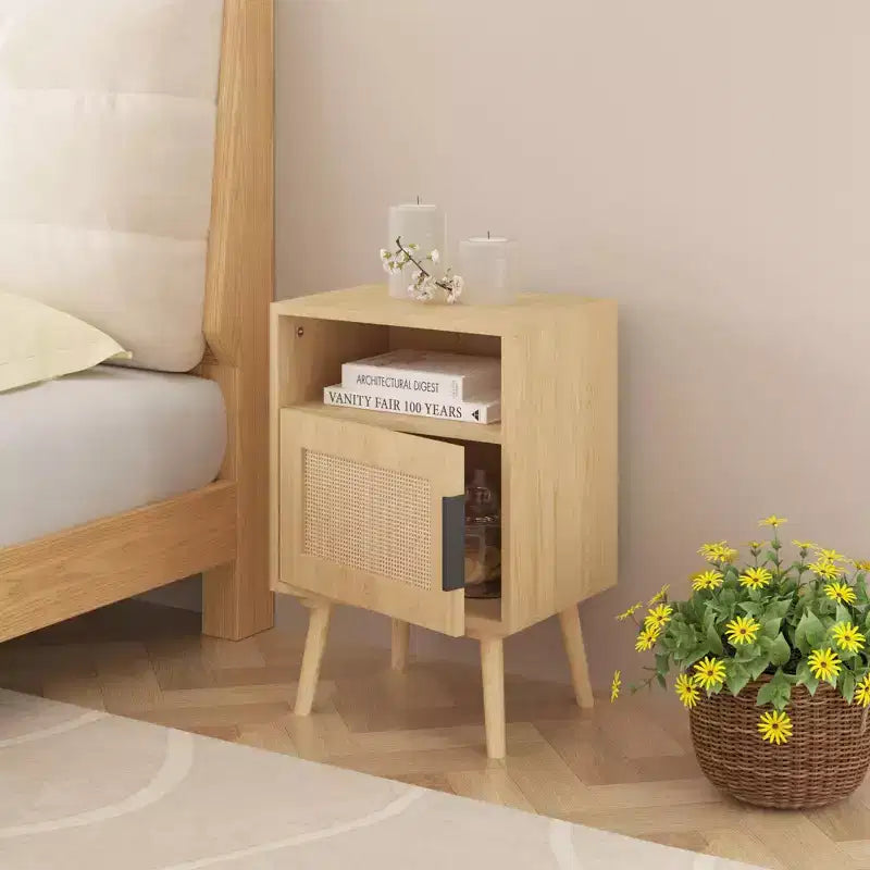 GDFStudio Melissa 22.83'' H Wood Nightstand with Open Shelf and Rattan Door