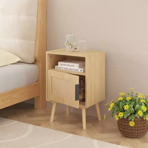 GDFStudio Melissa 22.83'' H Wood Nightstand with Open Shelf and Rattan Door