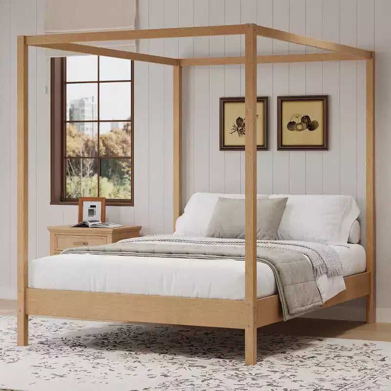 Queen/King Size Four Poster Platform Bed, Solid Wood Canopy Bed Frame, No Box Spring Needed - ModernLuxe