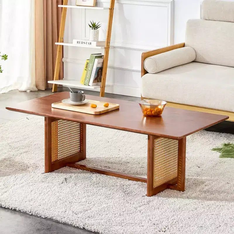 47W Rattan Coffee Table Cocktail Table Wood Center Table Rectangular Sofa Table, Natural/Brown-Modernluxe