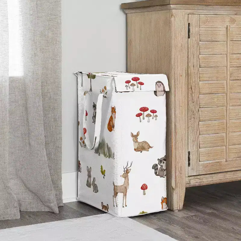 Panier à linge pliable unisexe/neutre avec poignées, motif animaux de la forêt aquarelle vert, marron et rouge