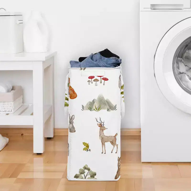 Panier à linge pliable unisexe/neutre avec poignées, motif animaux de la forêt aquarelle vert, marron et rouge