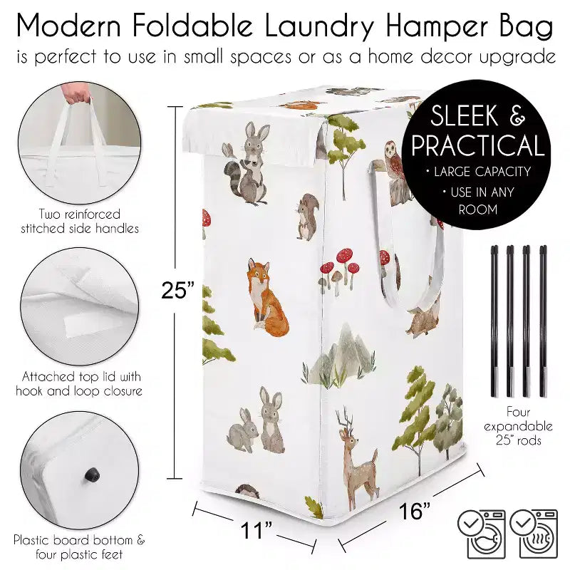 Panier à linge pliable unisexe/neutre avec poignées, motif animaux de la forêt aquarelle vert, marron et rouge