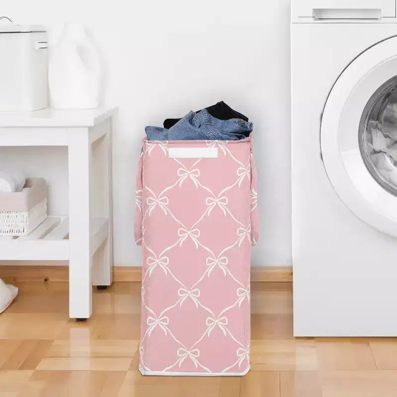 Panier à Linge Pliable Fille avec Poignées Ballerine et Nœuds de Ballet Rose et Blanc