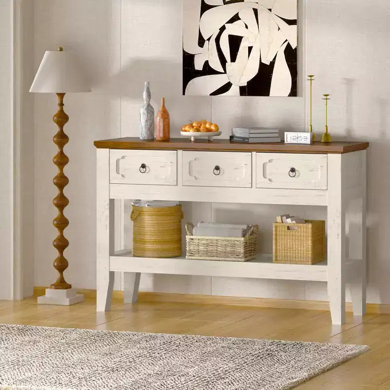 47 Console Table with Drawers, Farmhouse Rustic Entryway Table with Bottom Shelf and Solid Wood Legs for Entryway, Living Room, Entrance, Foyer