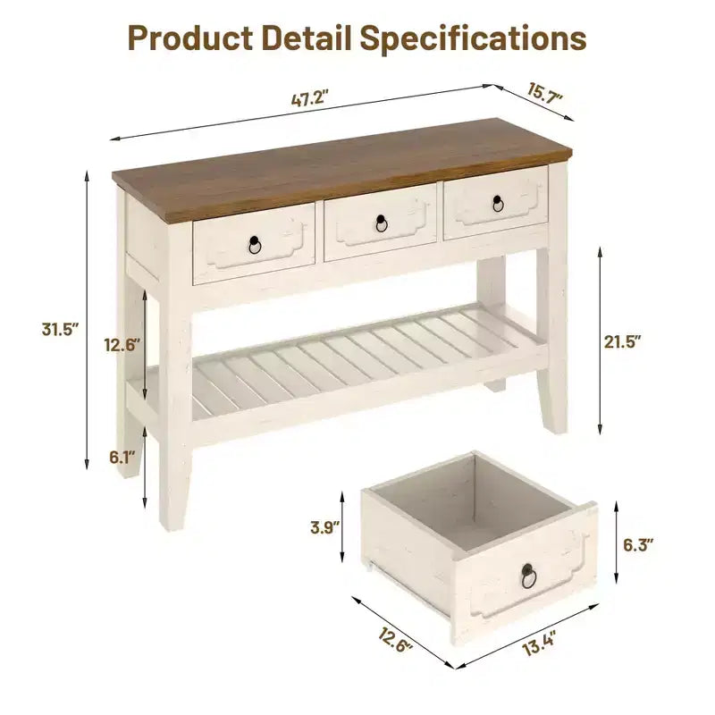 Console de 47 po avec tiroirs, rustique de style ferme