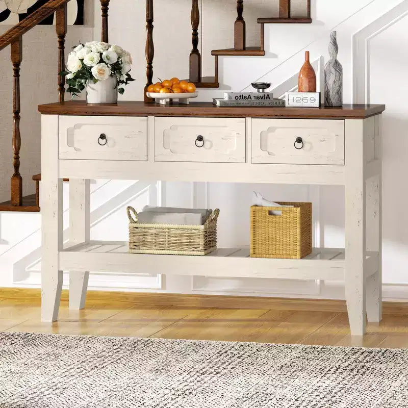 Console de 47 po avec tiroirs, rustique de style ferme
