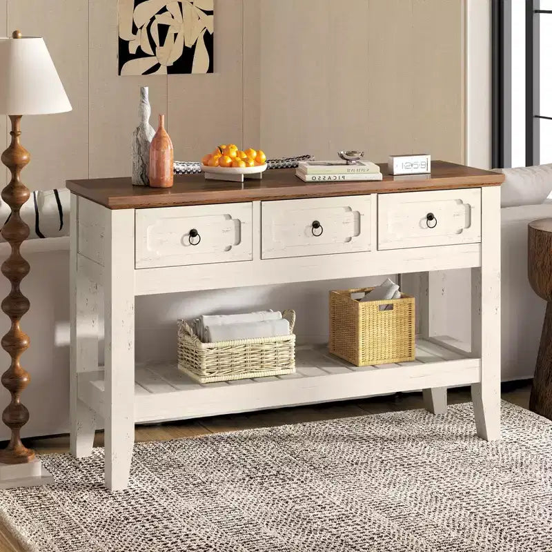 Console de 47 po avec tiroirs, rustique de style ferme
