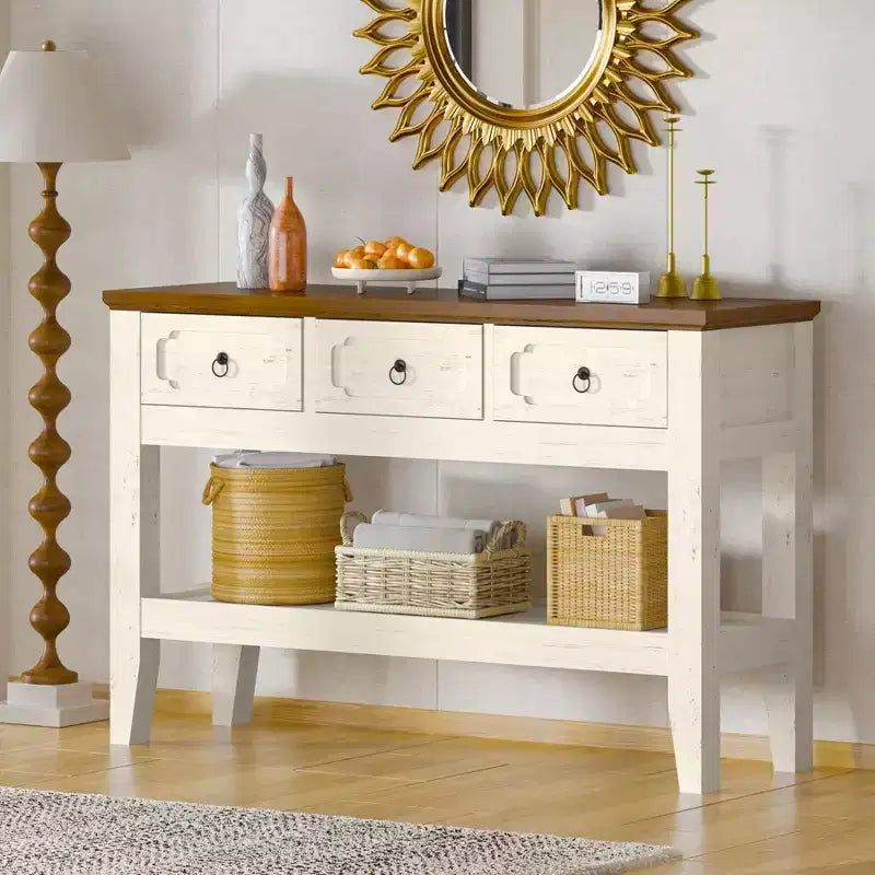 Console de 47 po avec tiroirs, rustique de style ferme