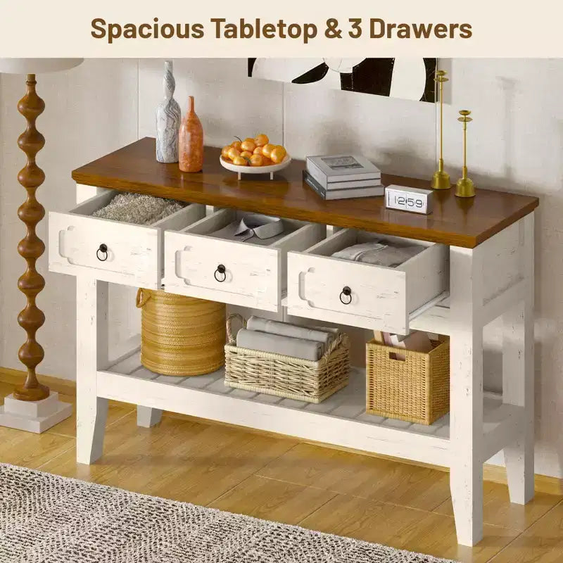 Console de 47 po avec tiroirs, rustique de style ferme