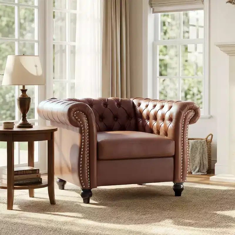 Zeus & Ruta Chesterfield Club Chair with Scrolled Arms, Nailhead Trim, and Solid Wood Legs