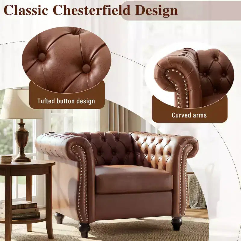 Fauteuil club Chesterfield avec accoudoirs arrondis, garniture cloutée et pieds en bois massif
