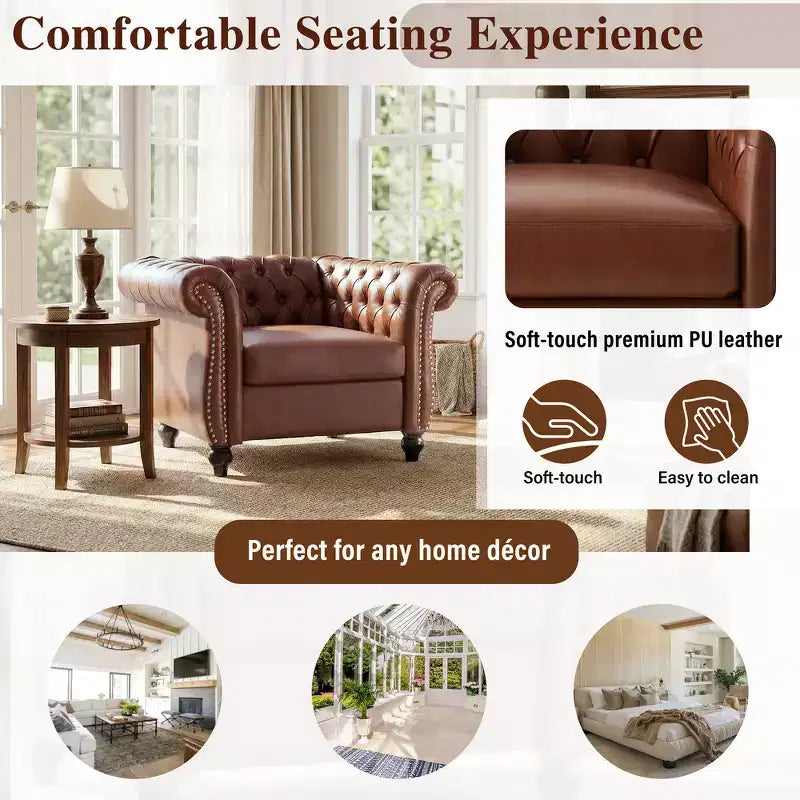 Fauteuil club Chesterfield avec accoudoirs arrondis, garniture cloutée et pieds en bois massif