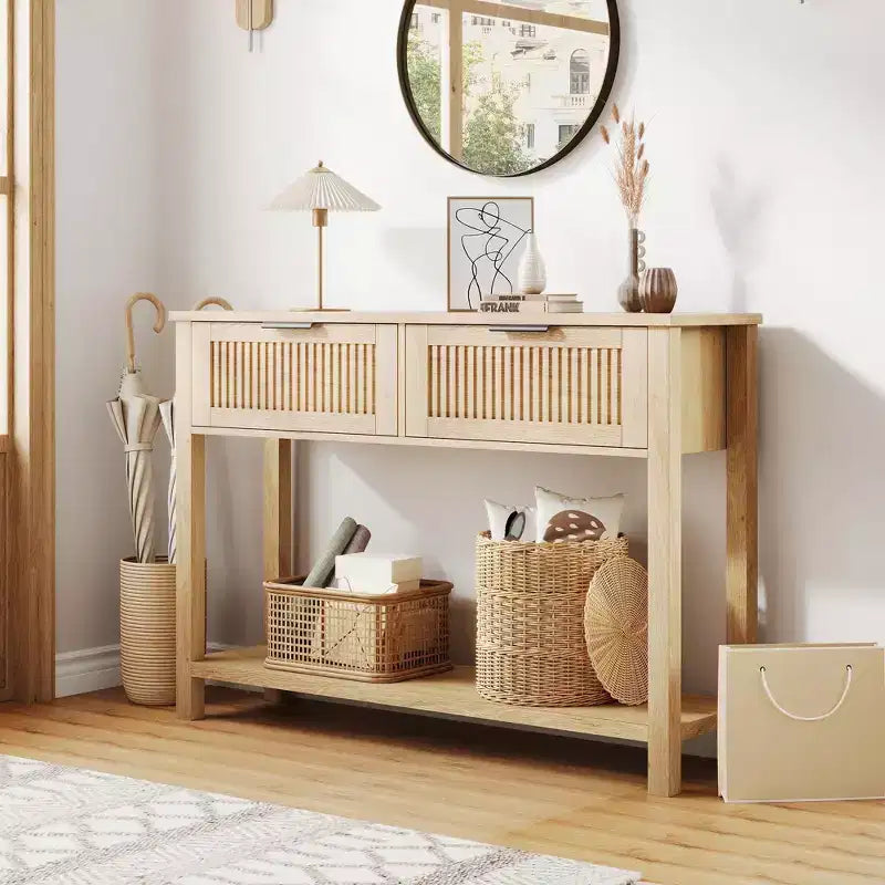 Console d'entrée cannelée 2 tiroirs Table d'appoint étroite avec étagère de rangement, finition bois naturel pour salon, couloir ou hall d'entrée