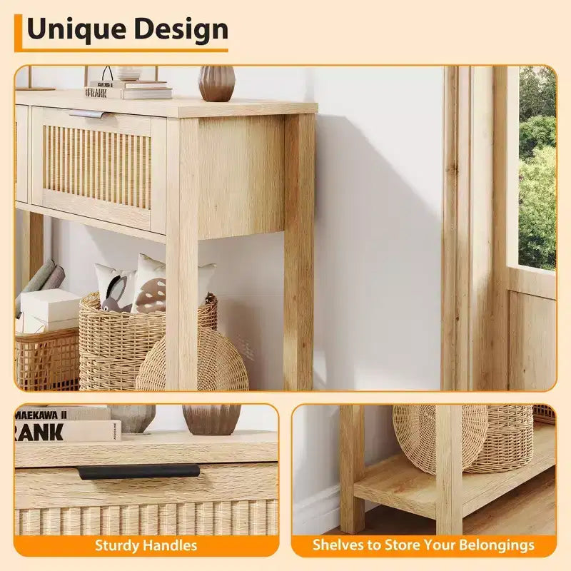 Console d'entrée cannelée 2 tiroirs Table d'appoint étroite avec étagère de rangement, finition bois naturel pour salon, couloir ou hall d'entrée