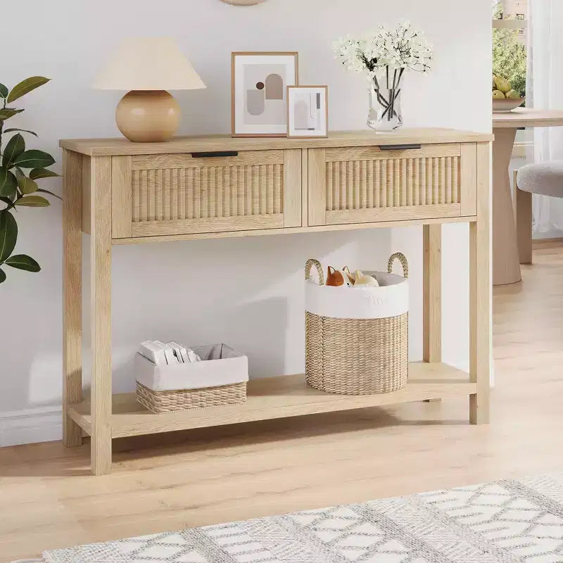 Console d'entrée cannelée 2 tiroirs Table d'appoint étroite avec étagère de rangement, finition bois naturel pour salon, couloir ou hall d'entrée