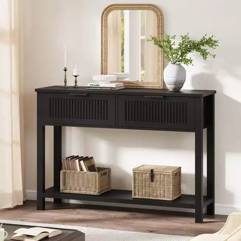 Console d'entrée cannelée 2 tiroirs Table d'appoint étroite avec étagère de rangement, finition bois naturel pour salon, couloir ou hall d'entrée