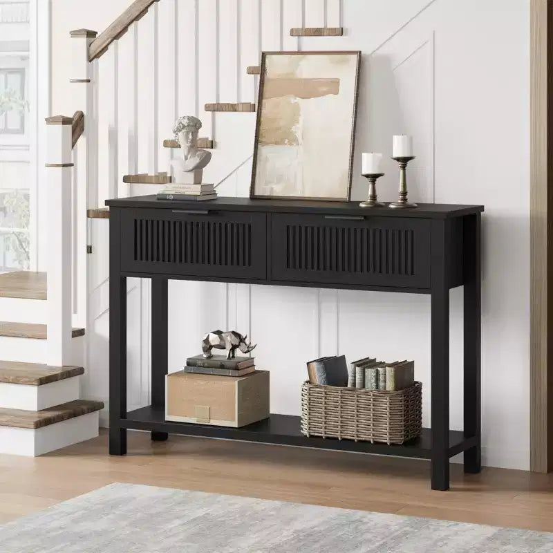 Console d'entrée cannelée 2 tiroirs Table d'appoint étroite avec étagère de rangement, finition bois naturel pour salon, couloir ou hall d'entrée