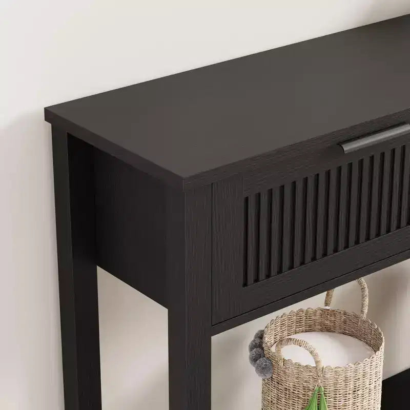 Console d'entrée cannelée 2 tiroirs Table d'appoint étroite avec étagère de rangement, finition bois naturel pour salon, couloir ou hall d'entrée