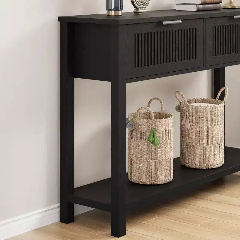 Console d'entrée cannelée 2 tiroirs Table d'appoint étroite avec étagère de rangement, finition bois naturel pour salon, couloir ou hall d'entrée