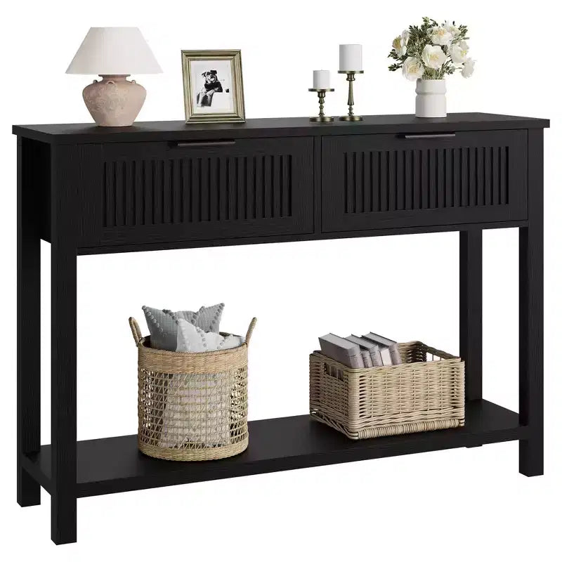Entryway Fluted Console Table  2-Drawer Narrow Accent Table with Storage Shelf, Natural Wood Finish for Living Room, Hallway or Foyer