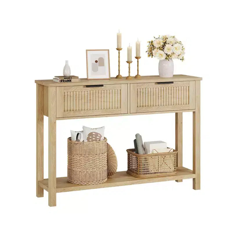 Console d'entrée cannelée 2 tiroirs Table d'appoint étroite avec étagère de rangement, finition bois naturel pour salon, couloir ou hall d'entrée