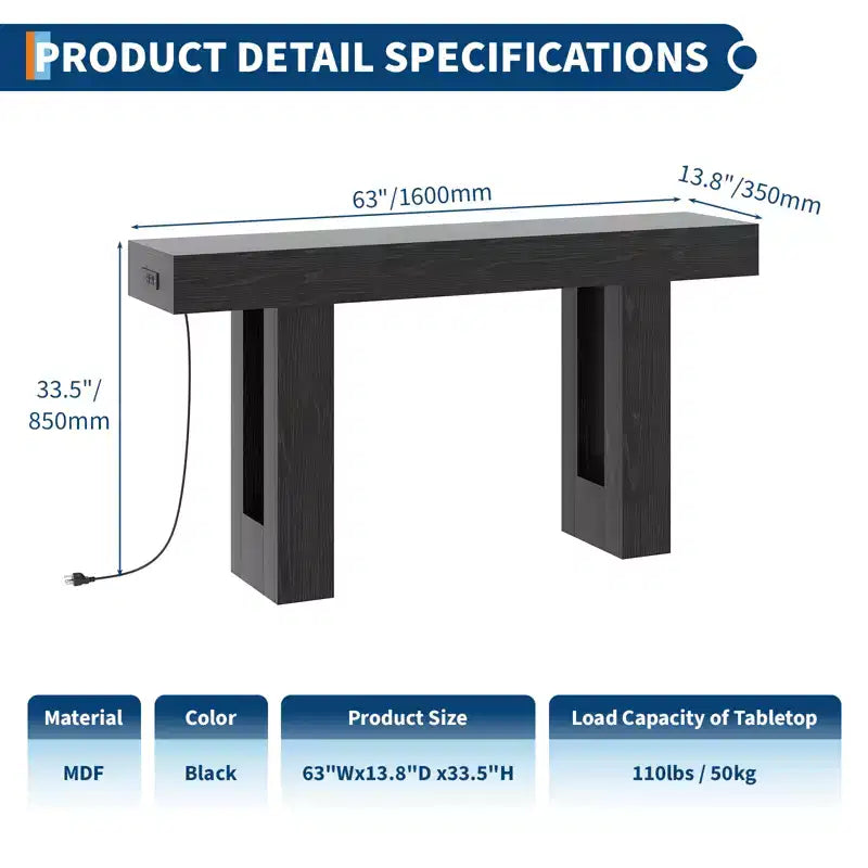 Console de 160 cm avec prise de courant, Table de canapé extra longue avec ports USB et Type C, Table d'entrée étroite pour couloir, Table de hall pour salon