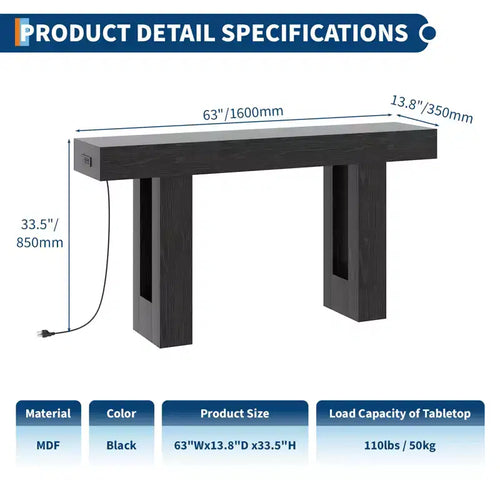 Console de 160 cm avec prise de courant, Table de canapé extra longue avec ports USB et Type C, Table d'entrée étroite pour couloir, Table de hall pour salon