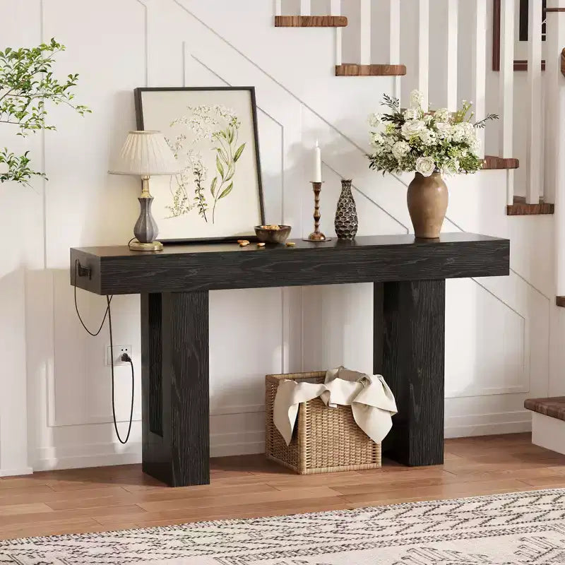 Console de 160 cm avec prise de courant, Table de canapé extra longue avec ports USB et Type C, Table d'entrée étroite pour couloir, Table de hall pour salon
