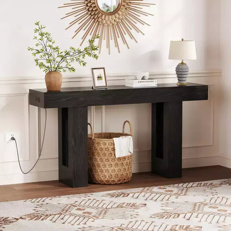 Console de 160 cm avec prise de courant, Table de canapé extra longue avec ports USB et Type C, Table d'entrée étroite pour couloir, Table de hall pour salon