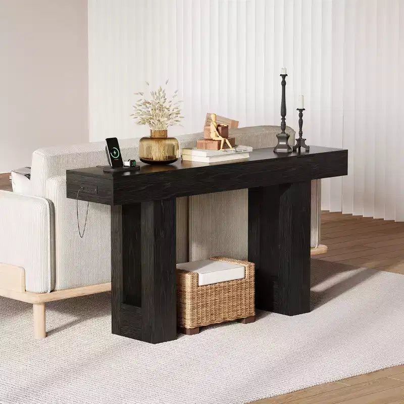 63 Inch Console Table with Power Outlet, Extra Long Sofa Table with USB & Type c Ports, Narrow Entryway Table for Hallway,Foyer Table for Living Room