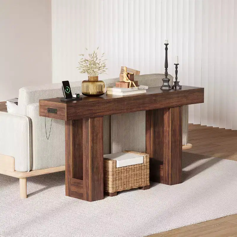 Console de 160 cm avec prise de courant, Table de canapé extra longue avec ports USB et Type C, Table d'entrée étroite pour couloir, Table de hall pour salon