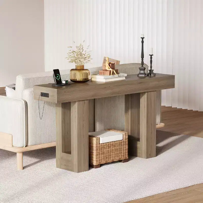 Console de 160 cm avec prise de courant, Table de canapé extra longue avec ports USB et Type C, Table d'entrée étroite pour couloir, Table de hall pour salon