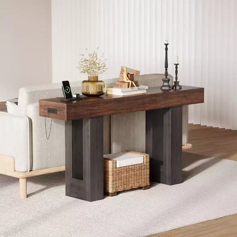 Console de 160 cm avec prise de courant, Table de canapé extra longue avec ports USB et Type C, Table d'entrée étroite pour couloir, Table de hall pour salon