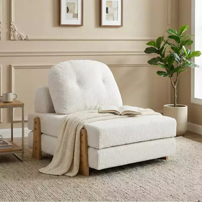 ModernLuxe Convertible Sofa Bed with Teddy Fabric, Tufted Folding Floor Ottoman Chair with Pillow and Solid Wood Legs, Beige