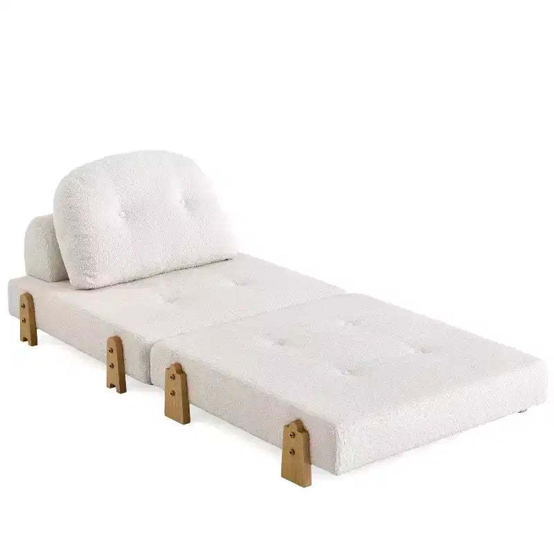 Canapé-lit convertible en tissu Teddy, fauteuil ottoman pliant capitonné avec oreiller et pieds en bois massif, beige